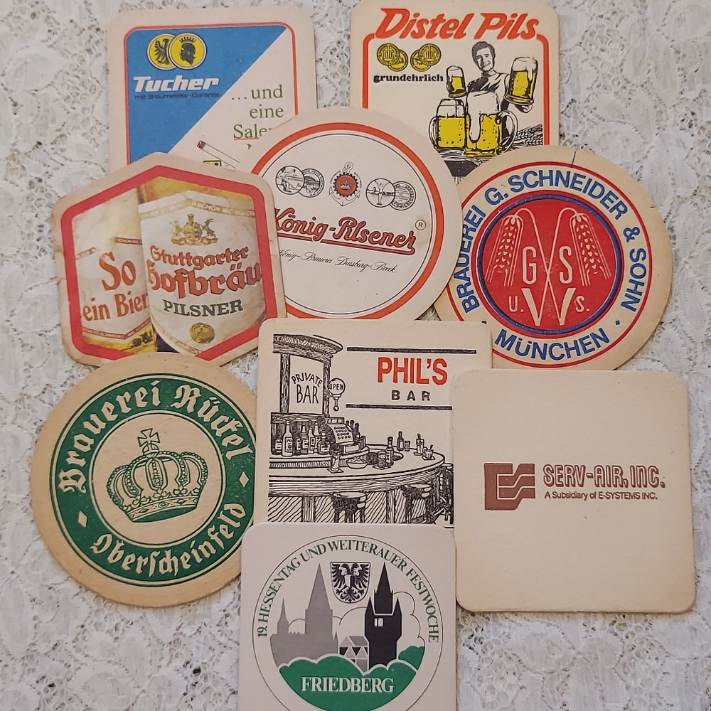 Nine Vintage Beer Coasters 1970s 1980s Era Mostly European All Different